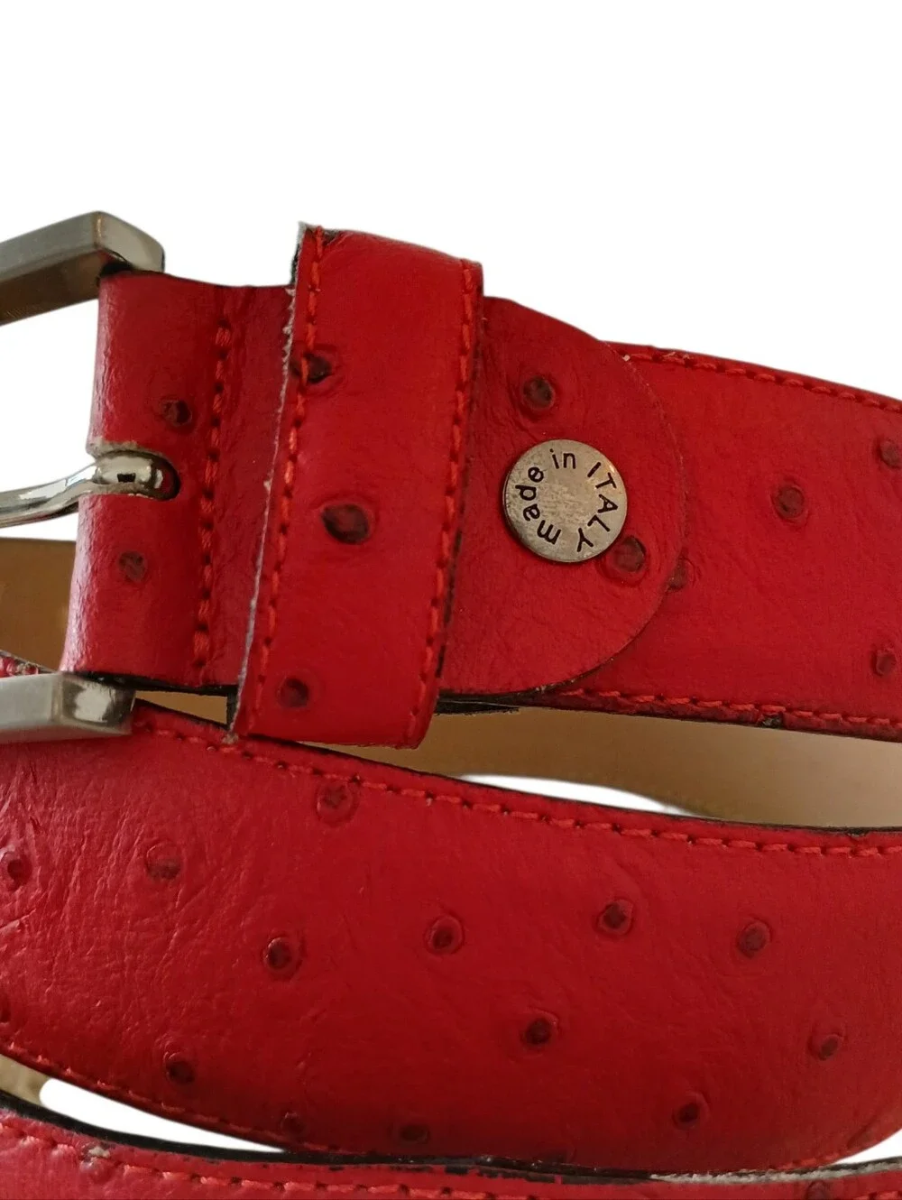 NWOT GP & MAX Unisex 36 Red Full Ostrich Quill Leather Belt Made In Italy Silver